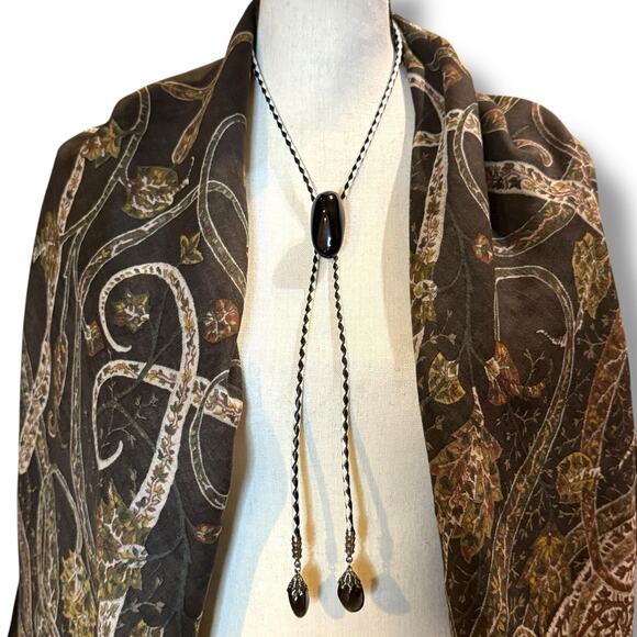 VTG Obsidian Bolo Tie Western Southwestern White Black Braid Cord Leather Unisex - Picture 2 of 12